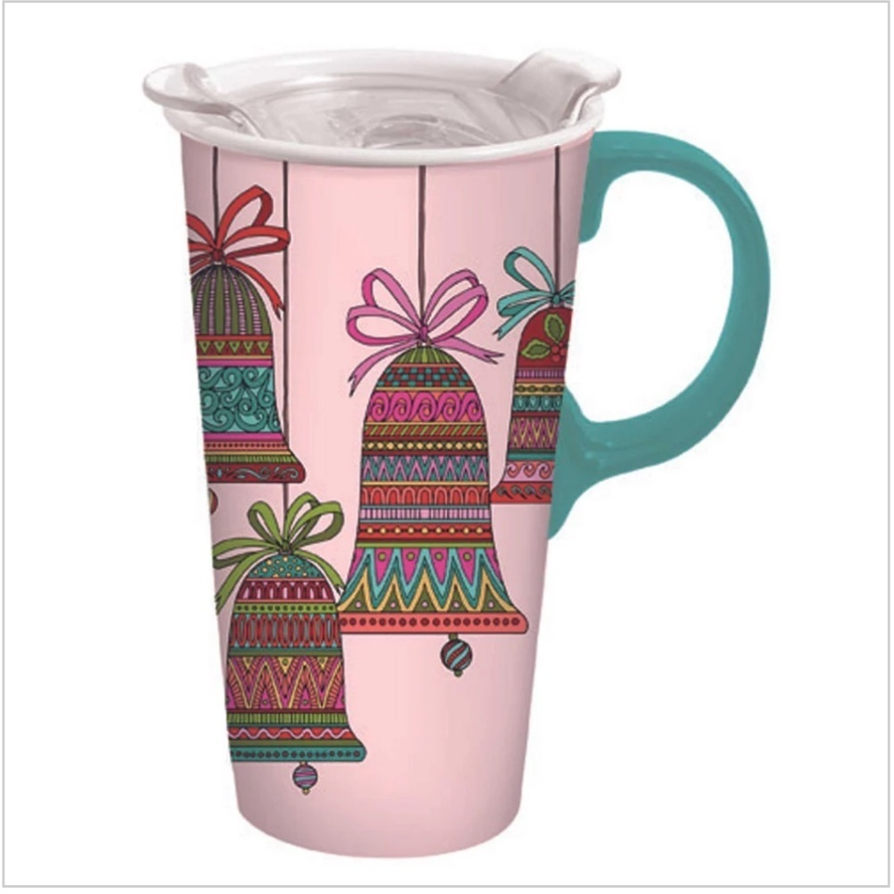 NWT My Evergreen Ringing Bells Travel Mug Ceramic Christmas Beverage Cup